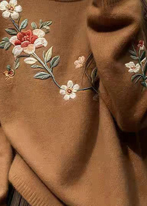 New Brown O Neck Embroidered Thick Knit Sweater Spring