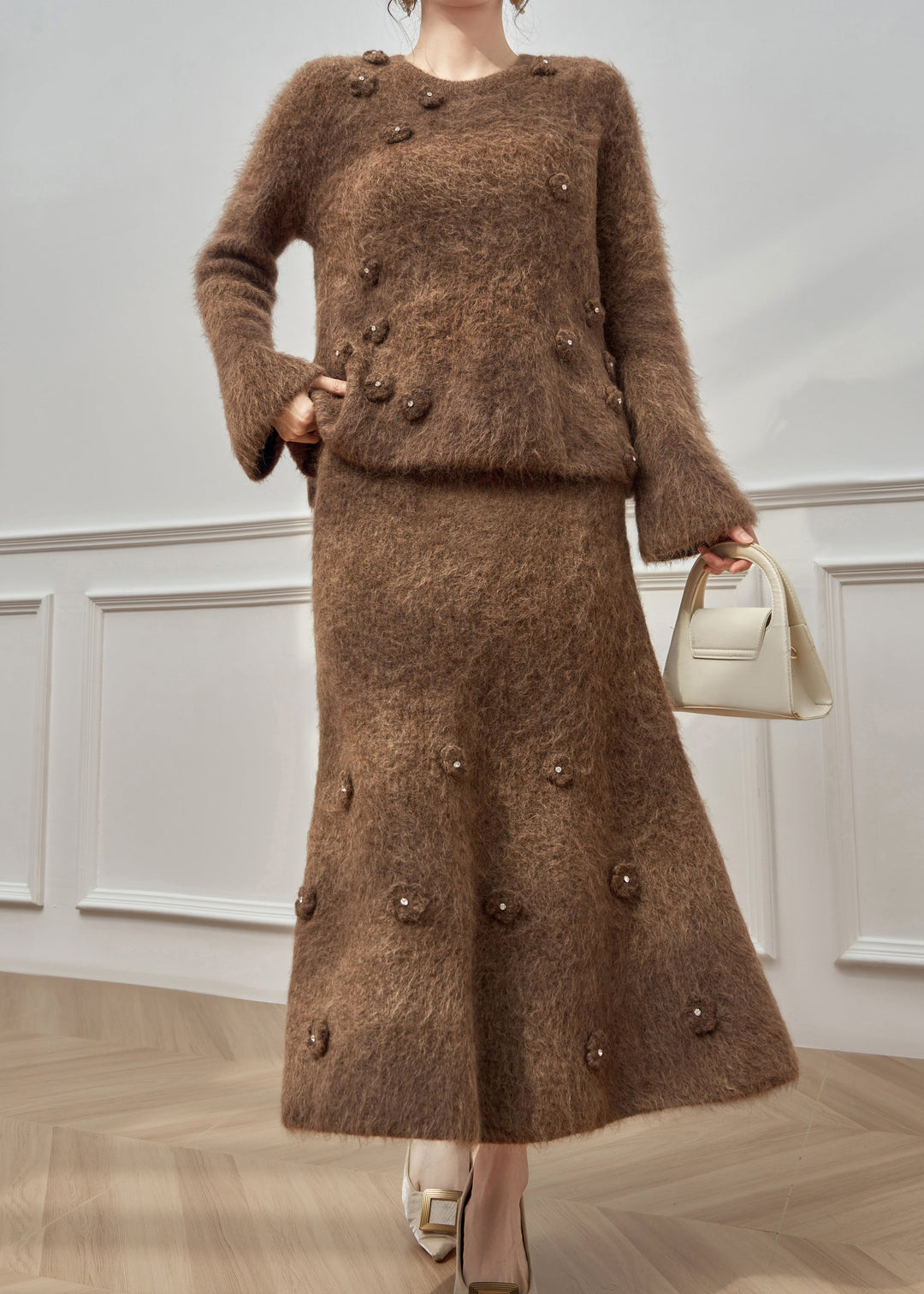 New Brown O-Neck Floral Cotton Knit Sweaters And Maxi Skirts Two Pieces Set Spring