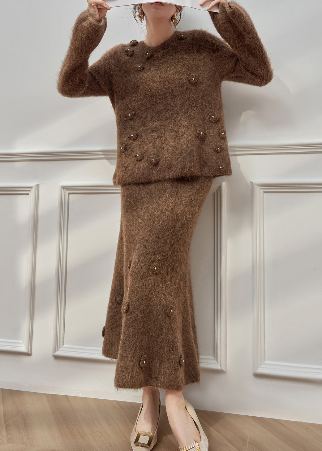 New Brown O-Neck Floral Cotton Knit Sweaters And Maxi Skirts Two Pieces Set Spring