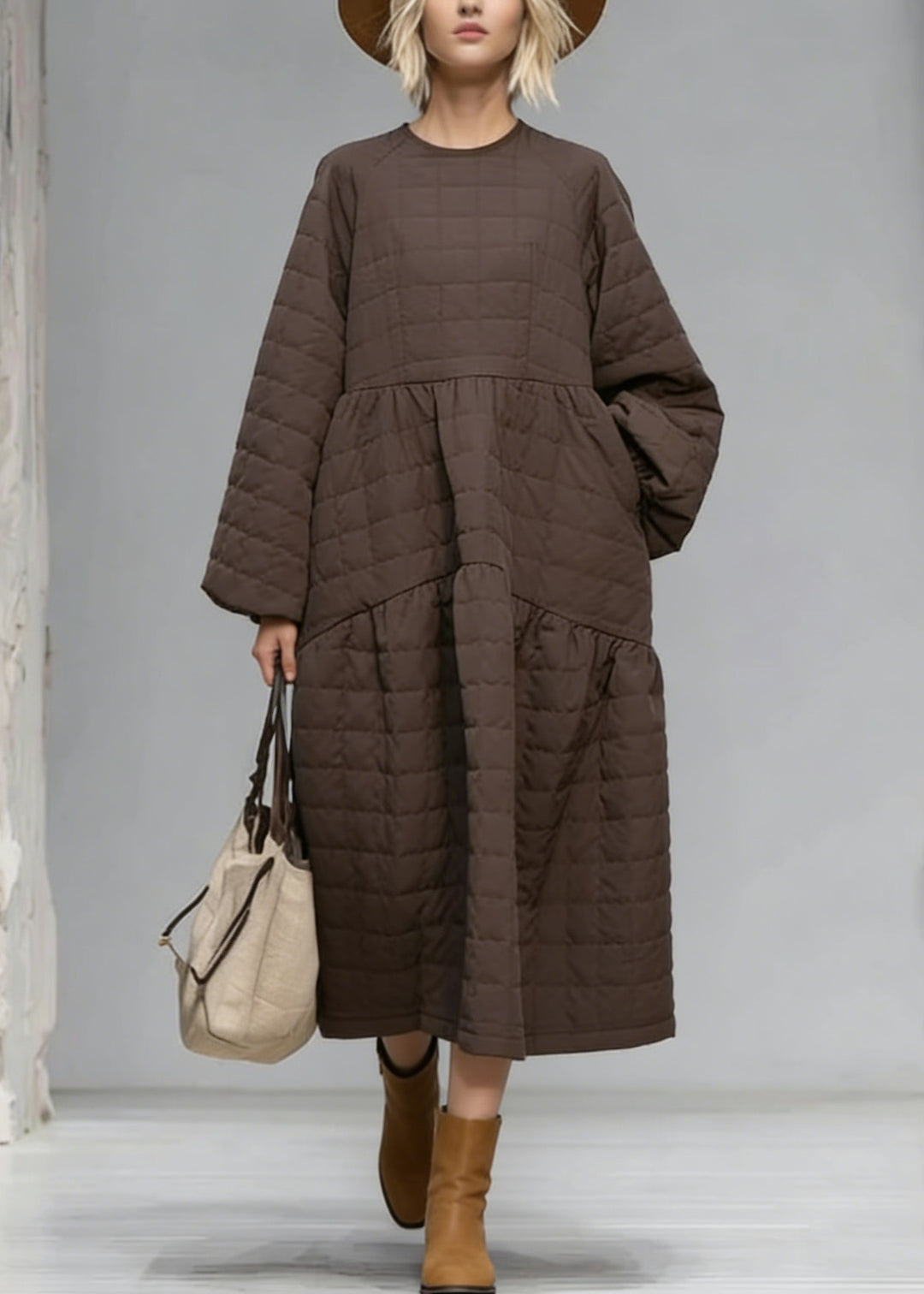 New Brown O Neck Patchwork Fine Cotton Filled Maxi Dress Winter