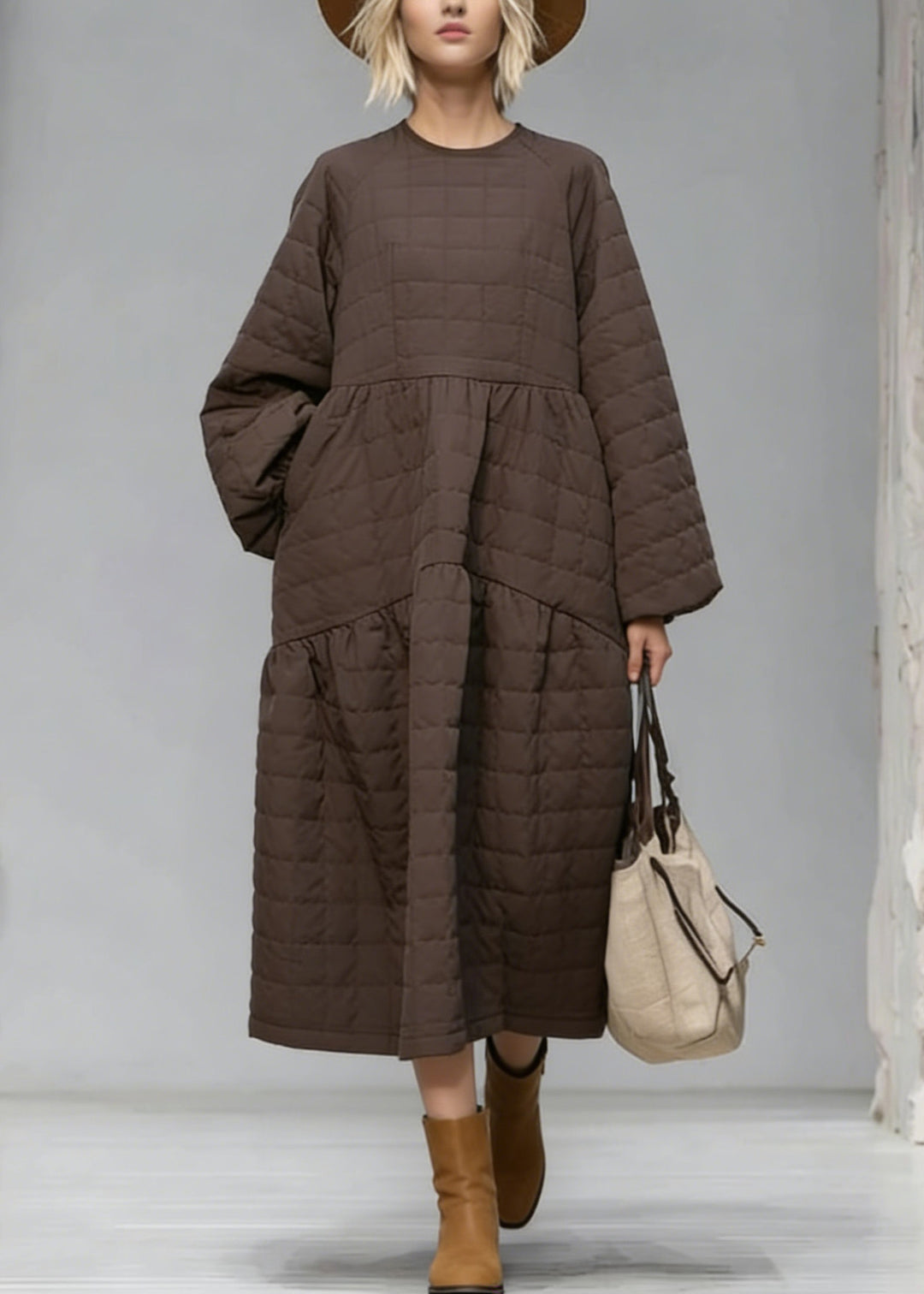 New Brown O Neck Patchwork Fine Cotton Filled Maxi Dress Winter