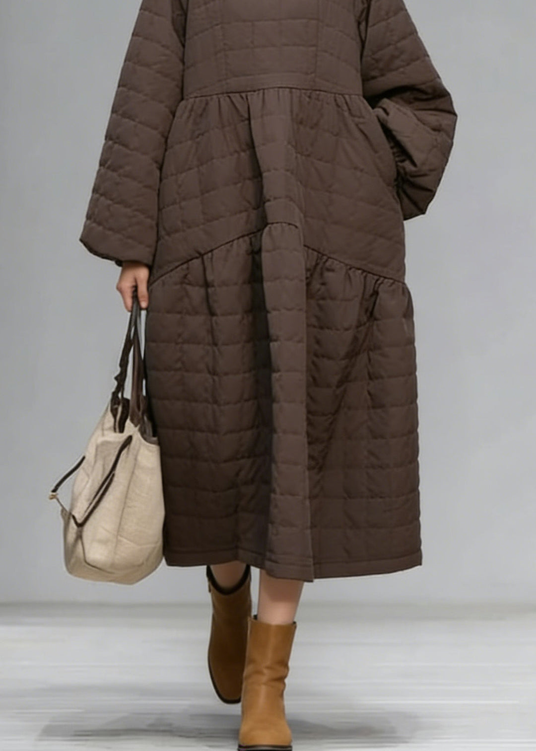 New Brown O Neck Patchwork Fine Cotton Filled Maxi Dress Winter