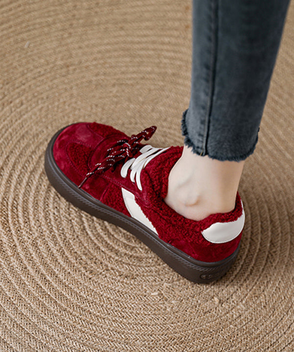 New Brown Suede Lace Up Splicing Flat Feet Shoes Fuzzy Wool Lined