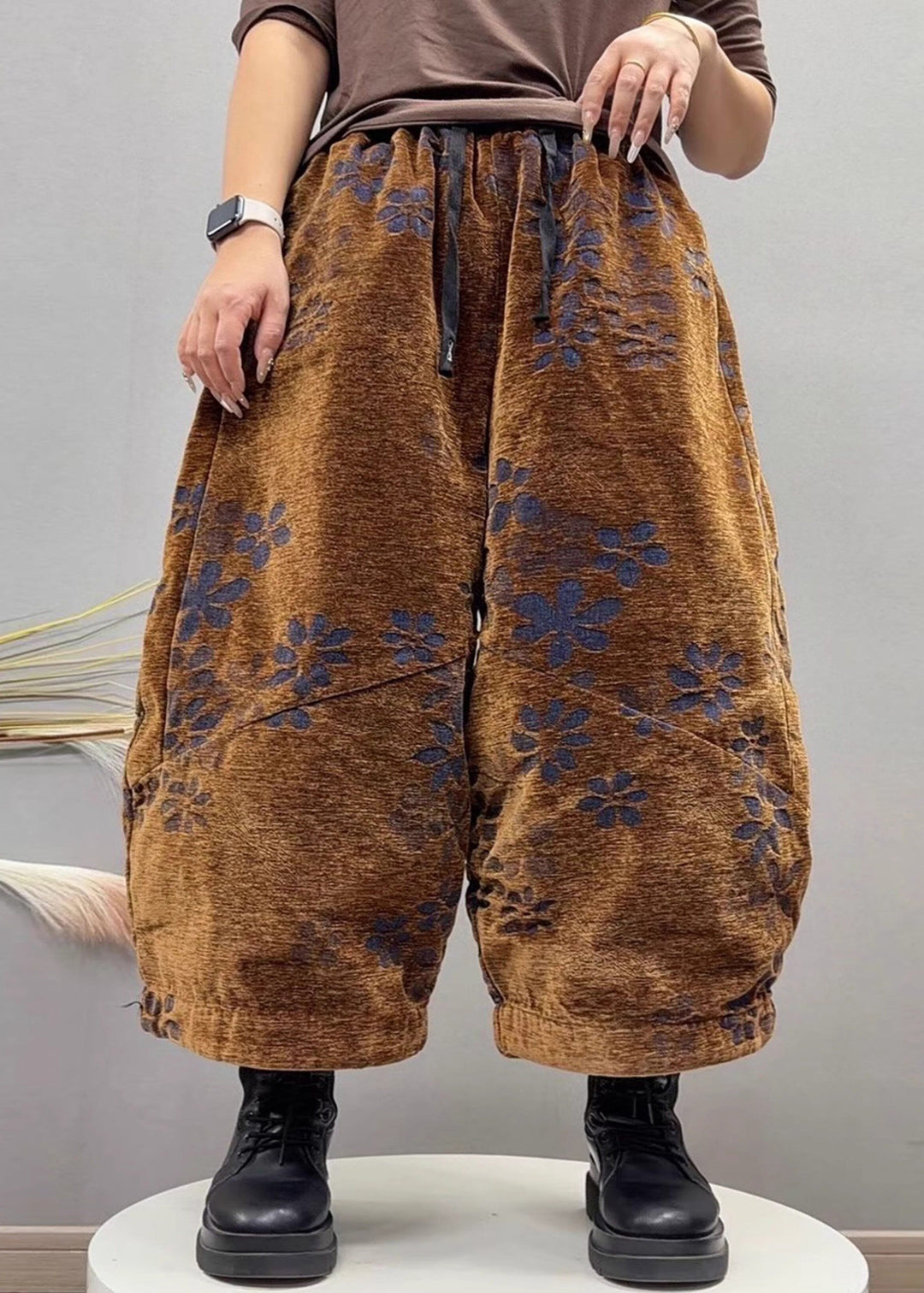 New Camel Jacquard Pockets Elastic Waist Denim Crop Pants Fall
