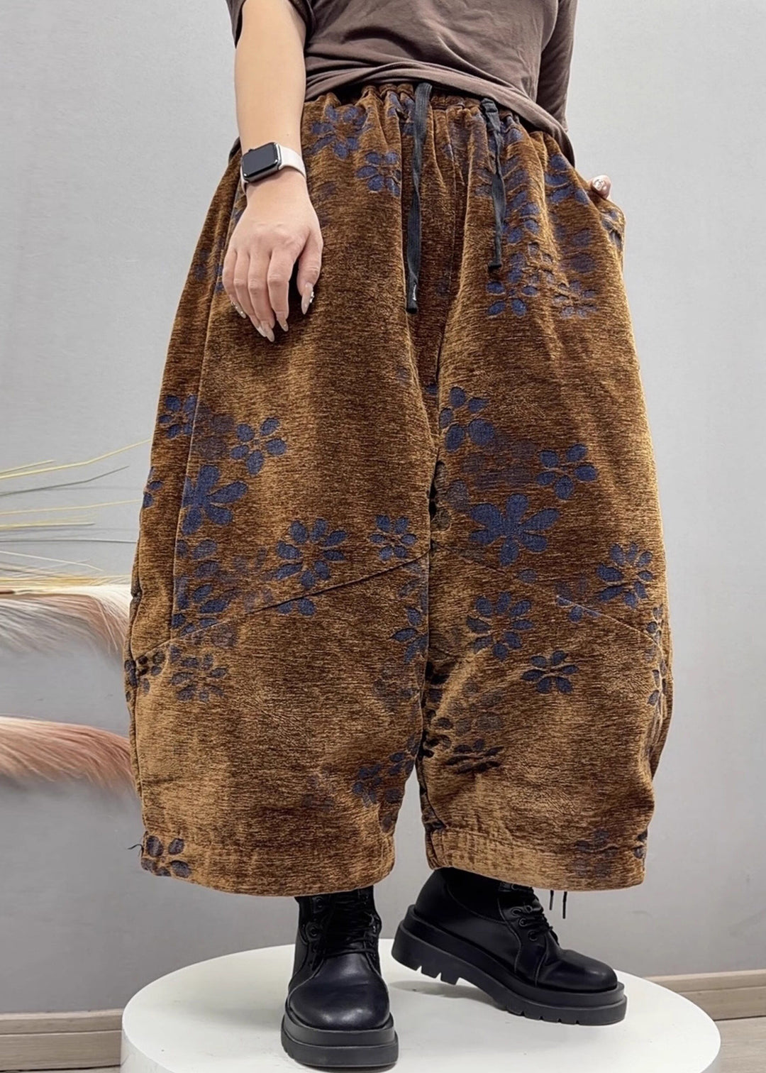 New Camel Jacquard Pockets Elastic Waist Denim Crop Pants Fall