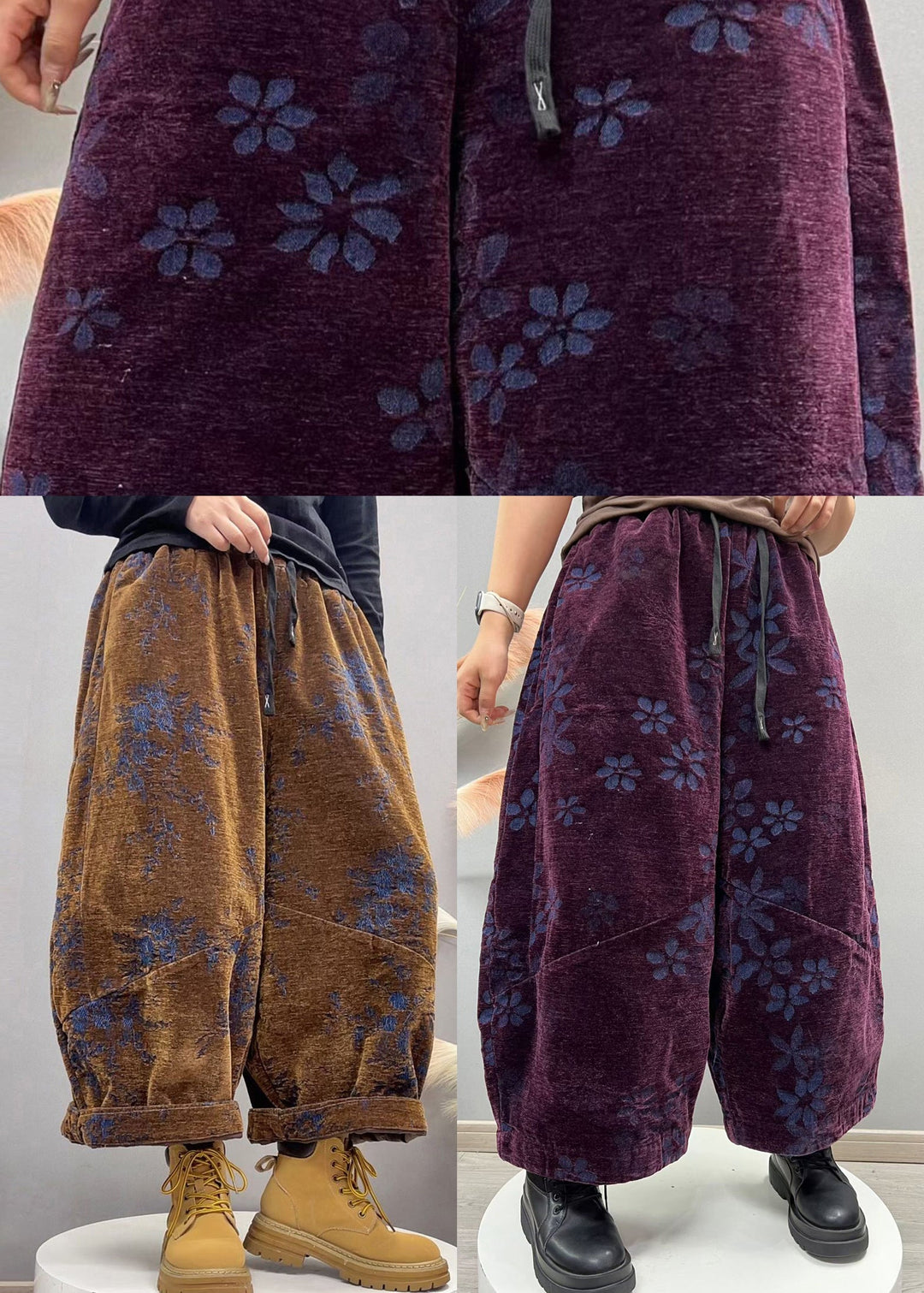 New Camel Jacquard Pockets Elastic Waist Denim Crop Pants Fall