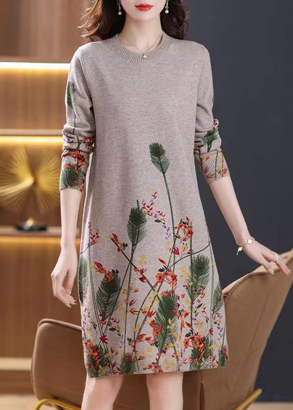 New Camel Print Side Open Cozy Knit Sweaters Dresses