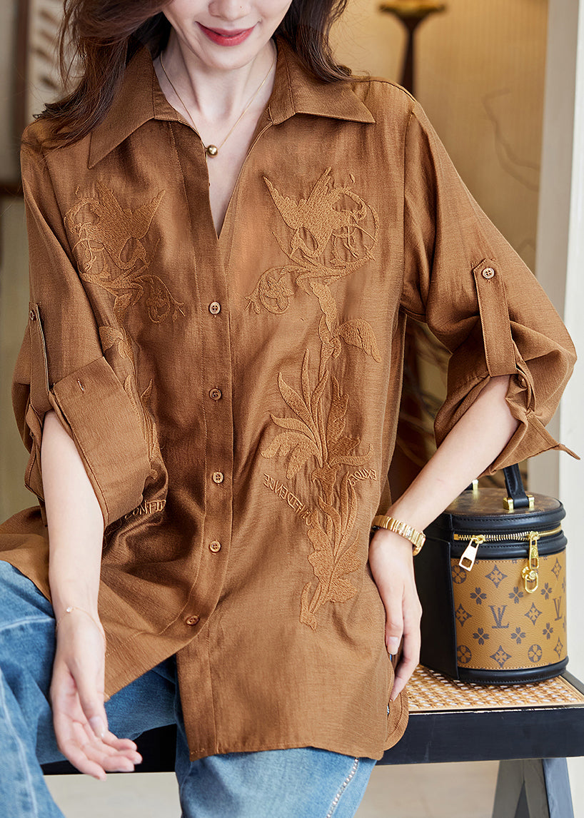 New Caramel Embroidered Button Side Open Cotton Blouse Fall