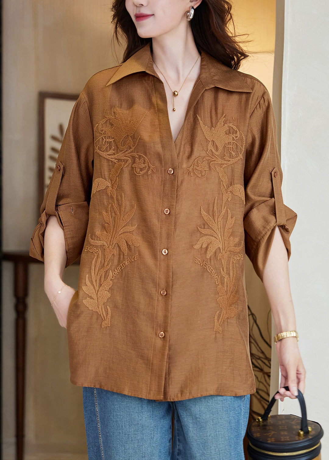 New Caramel Embroidered Button Side Open Cotton Blouse Fall