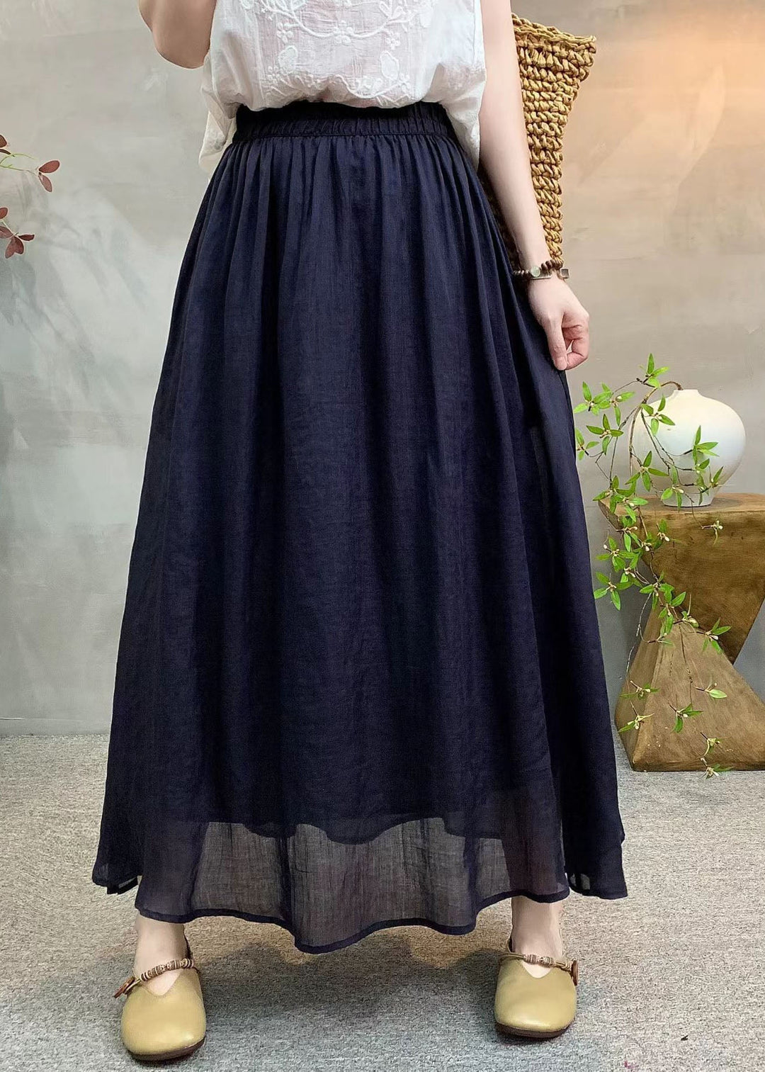 New Casual Navy Elastic Waist Linen Skirts Summer