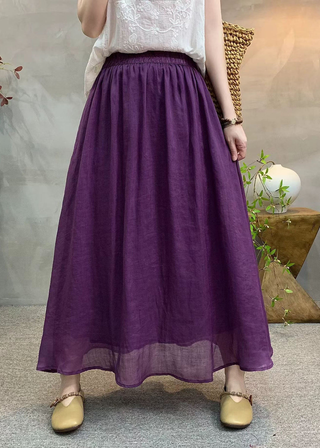 New Casual Navy Elastic Waist Linen Skirts Summer