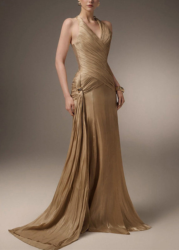 New Champagne Halter Wrinkled Patchwork Silk Ankle Dress Sleeveless