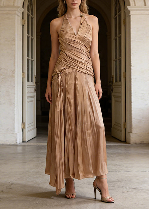 New Champagne Halter Wrinkled Patchwork Silk Ankle Dress Sleeveless