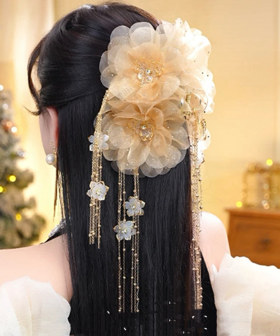 New Champagne Tulle Zircon Butterfly Floral Tassel Hairpin