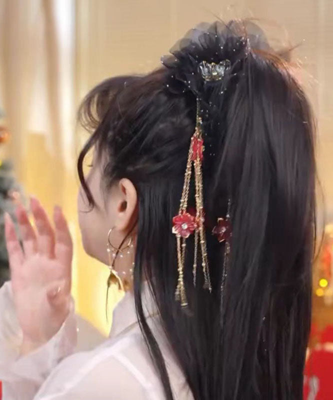 New Champagne Tulle Zircon Butterfly Floral Tassel Hairpin