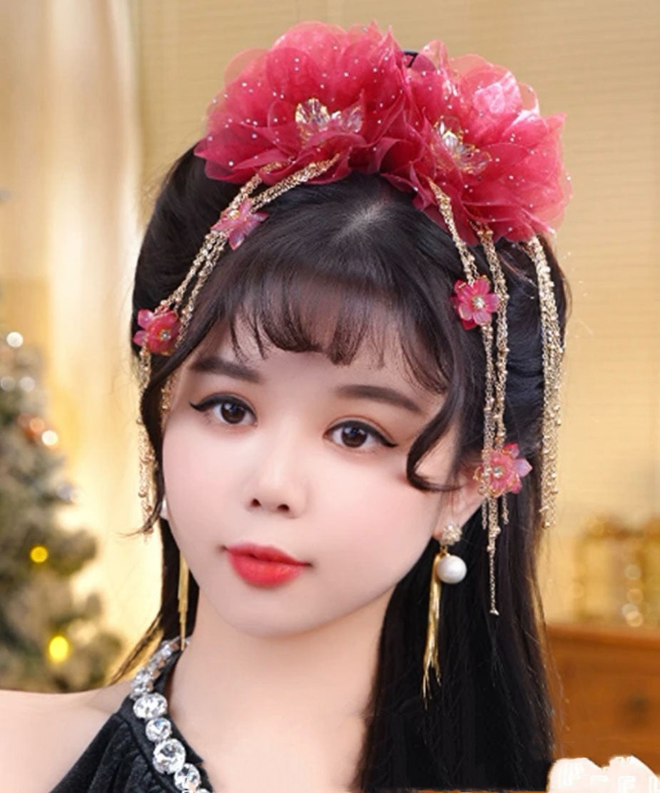 New Champagne Tulle Zircon Butterfly Floral Tassel Hairpin