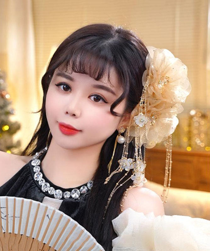 New Champagne Tulle Zircon Butterfly Floral Tassel Hairpin