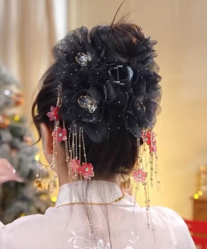 New Champagne Tulle Zircon Butterfly Floral Tassel Hairpin