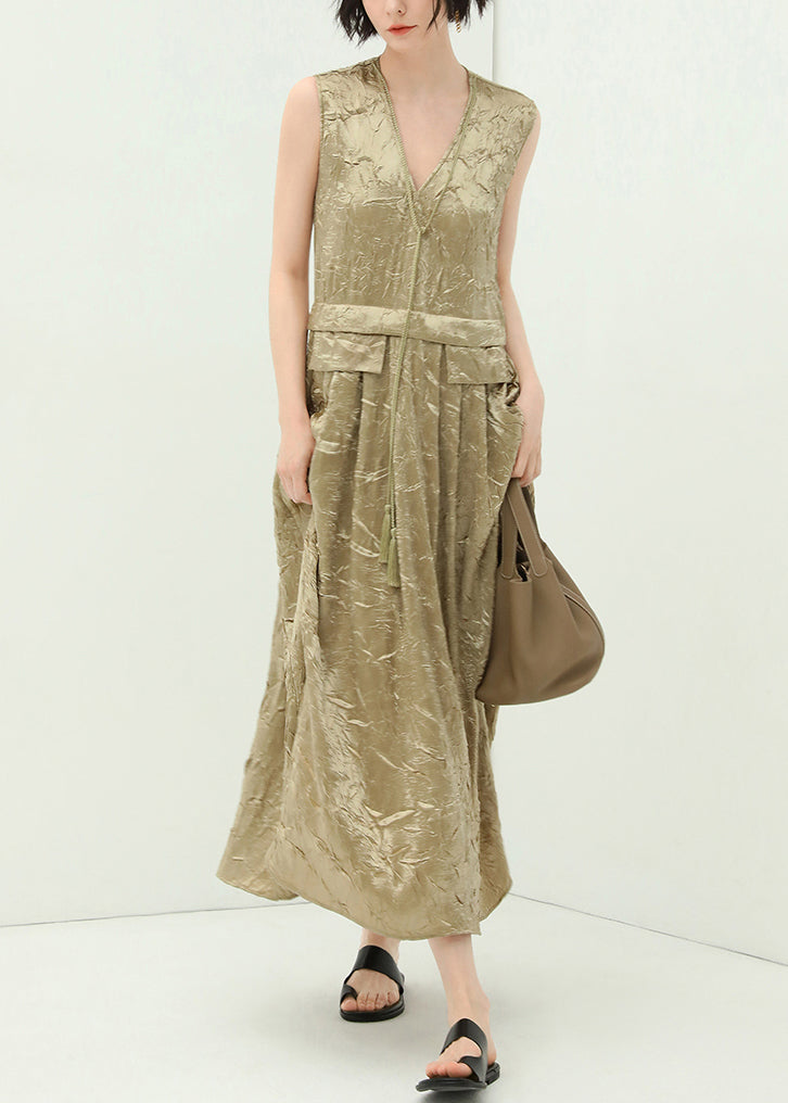 New Champagne V Neck Tasseled Silk Long Dresses Sleeveless