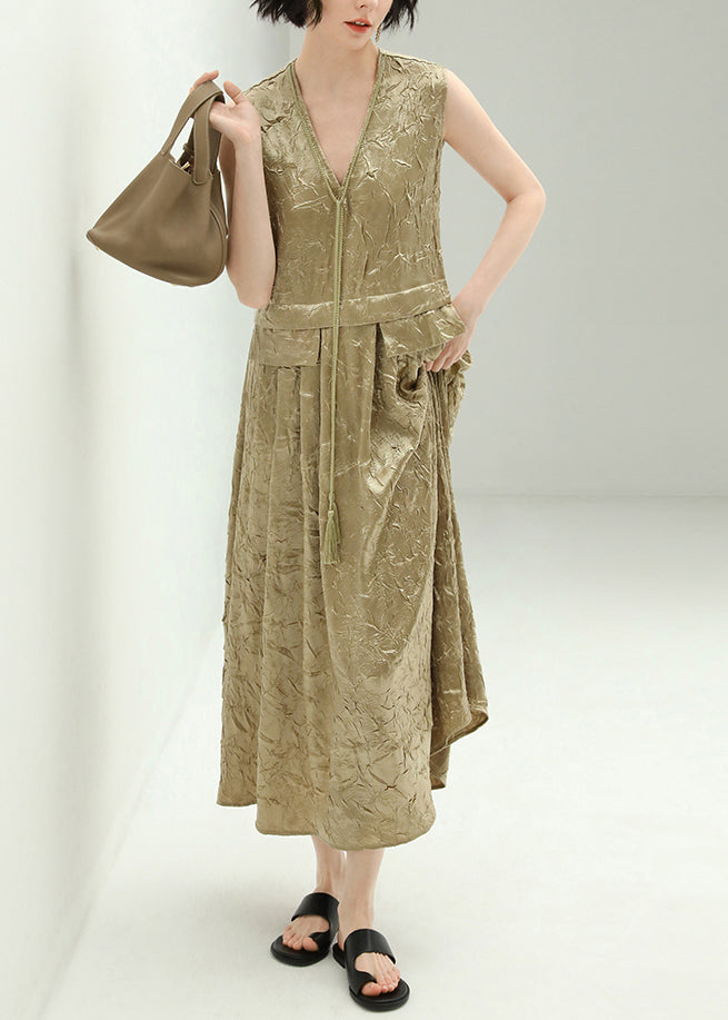 New Champagne V Neck Tasseled Silk Long Dresses Sleeveless