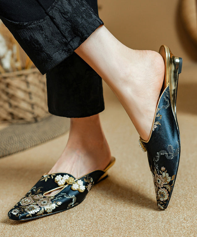 New Chinese Black Embroidered Nail Bead Satin Baotou Slippers
