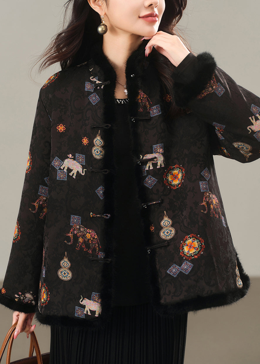 New Chinese Black Jacquard Mink Fur Fine Cotton Filled Coat Winter