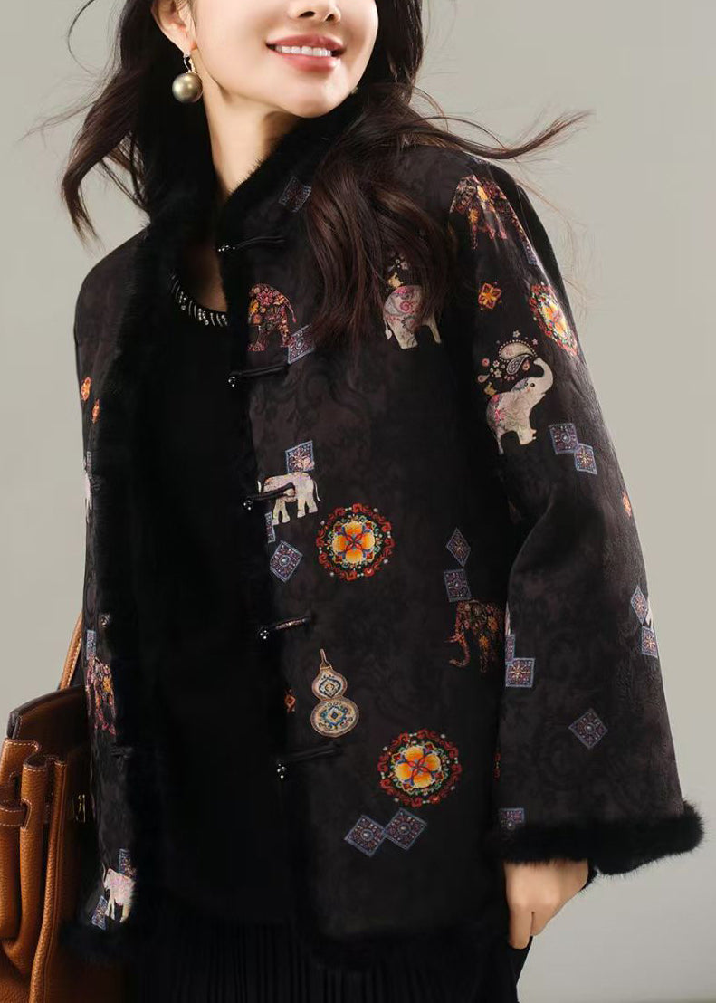 New Chinese Black Jacquard Mink Fur Fine Cotton Filled Coat Winter