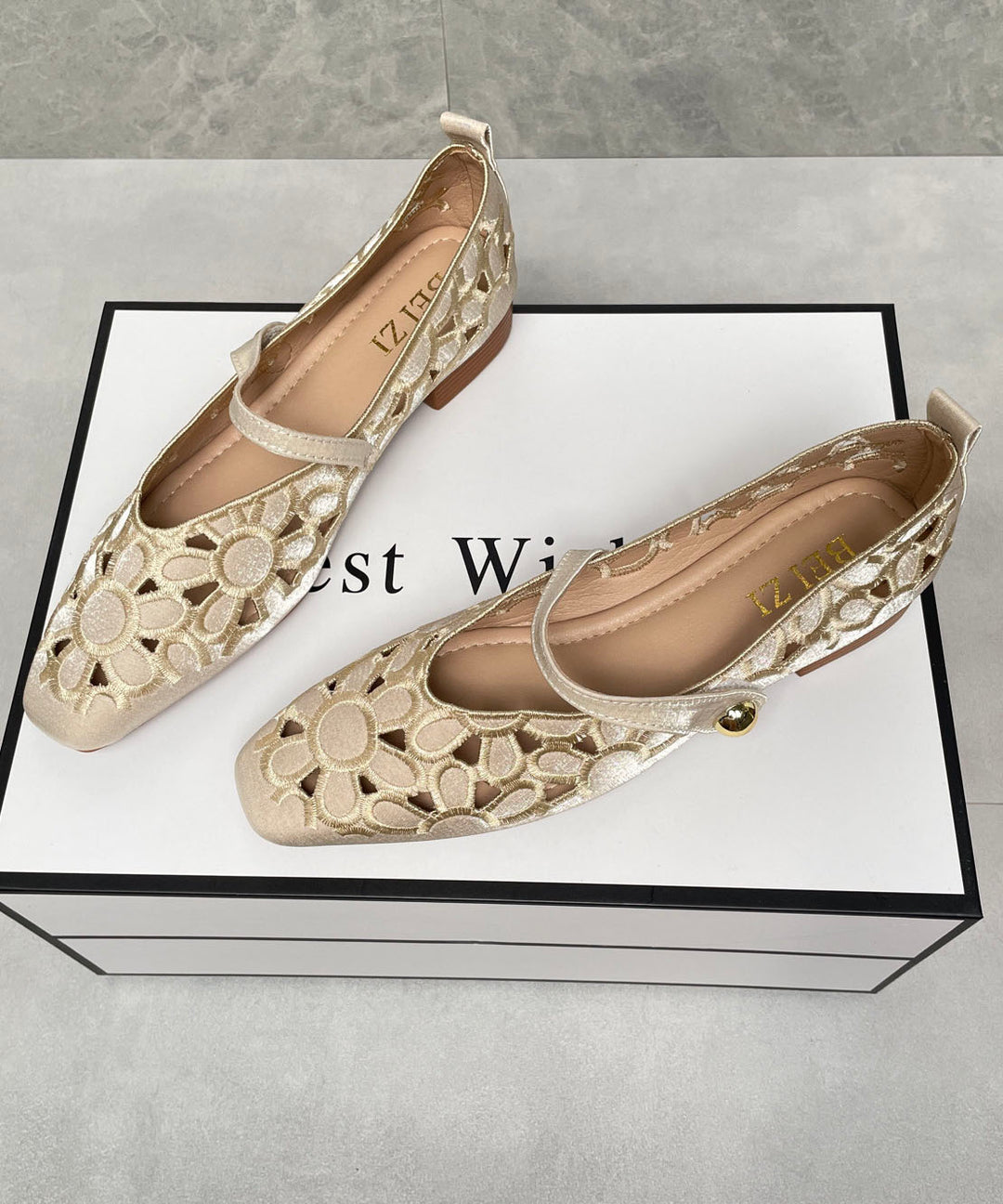 New Chinese Style Apricot Satin Embroidered Flat Shoes Buckle Strap