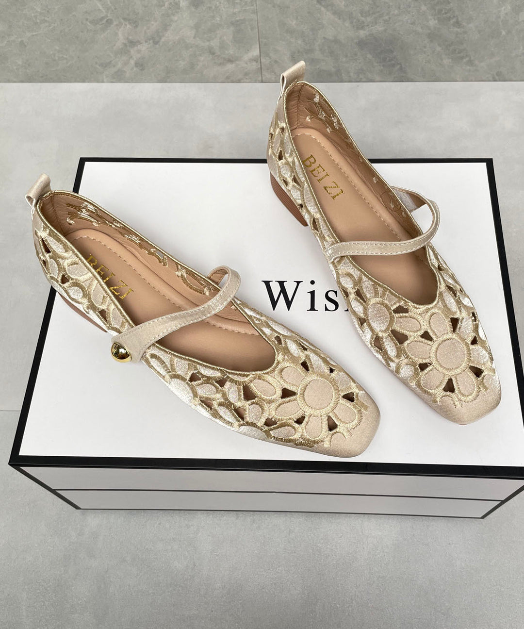 New Chinese Style Apricot Satin Embroidered Flat Shoes Buckle Strap