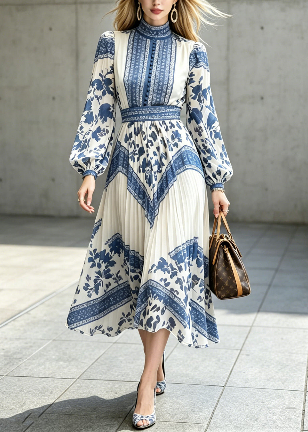 New Chinese Style Blue And White Porcelain Printed Chiffon Dress