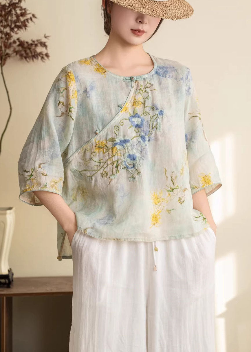 New Chinese Style Blue Linen Printed Embroidered Top Summer