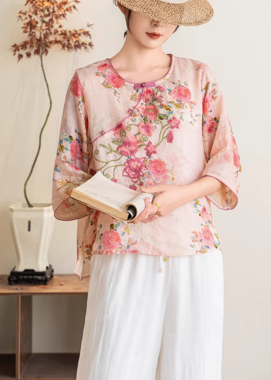 New Chinese Style Blue Linen Printed Embroidered Top Summer