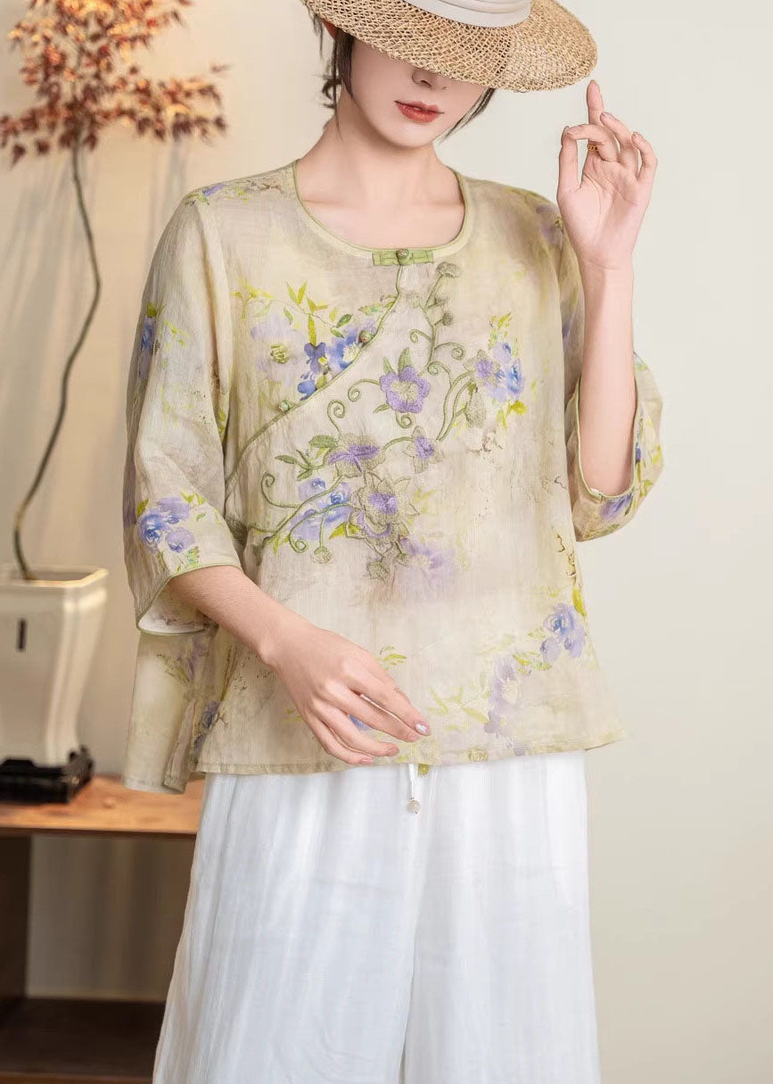 New Chinese Style Blue Linen Printed Embroidered Top Summer