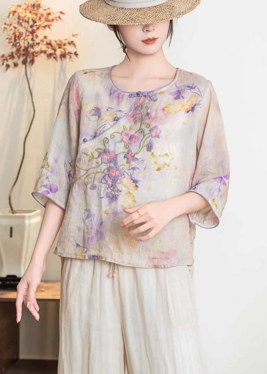 New Chinese Style Blue Linen Printed Embroidered Top Summer