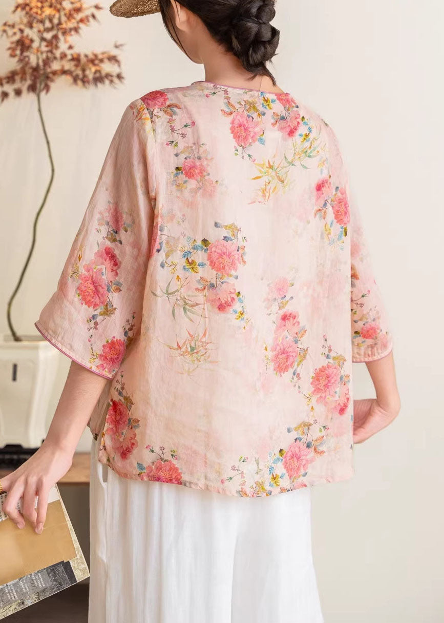 New Chinese Style Blue Linen Printed Embroidered Top Summer