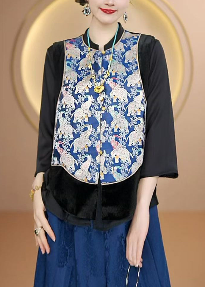 New Chinese Style Blue O Neck Print Silk Vest Sleeveless