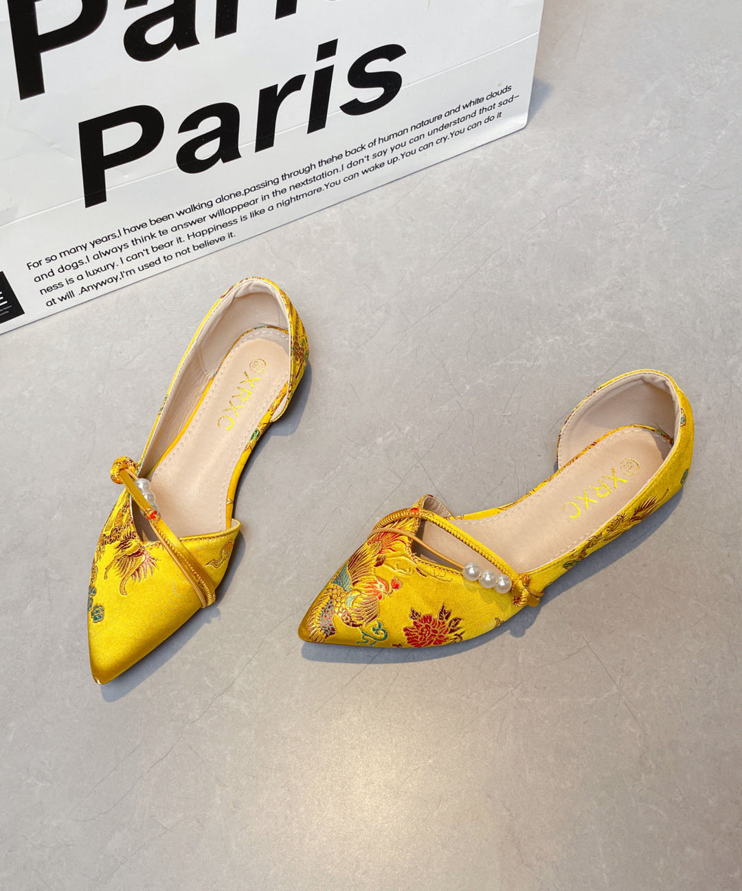 New Chinese Style Embroidered Flat Shoes Pointed Toe Satin Yellow