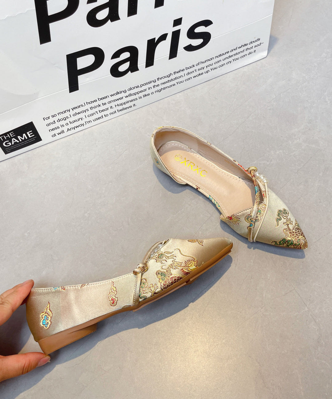 New Chinese Style Embroidered Flat Shoes Pointed Toe Satin Yellow