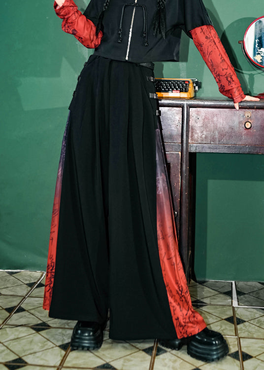New Chinese Style Patchwork High Waisted Design Wide Leg Pants Spring