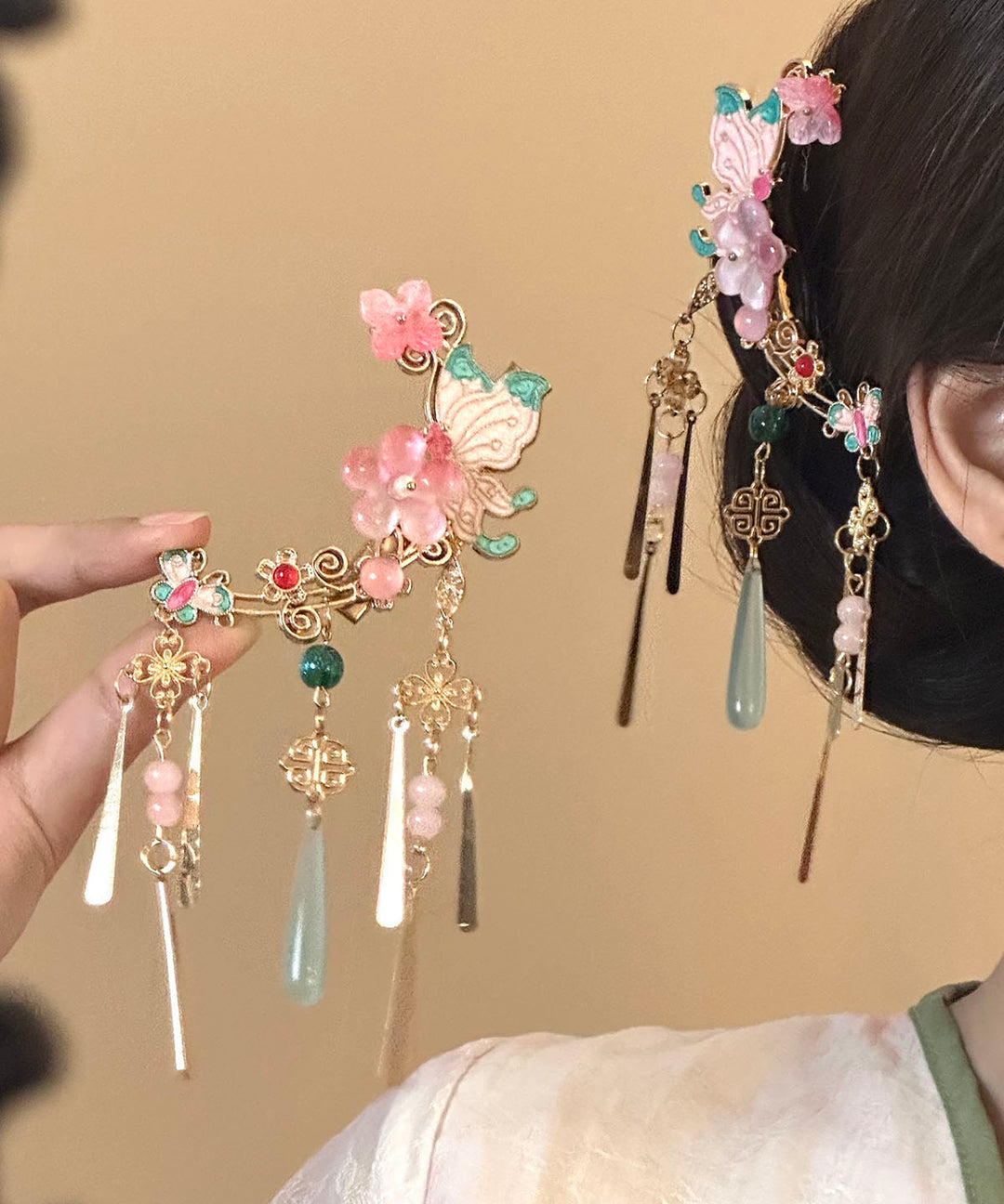 New Chinese Style Pink Flower Tassel Butterfly A Pair Side Hairpin