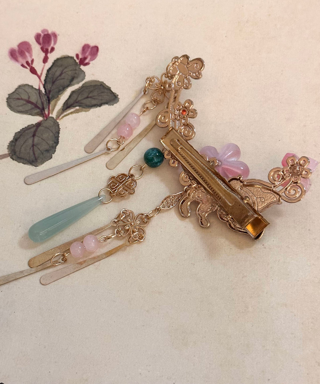 New Chinese Style Pink Flower Tassel Butterfly A Pair Side Hairpin
