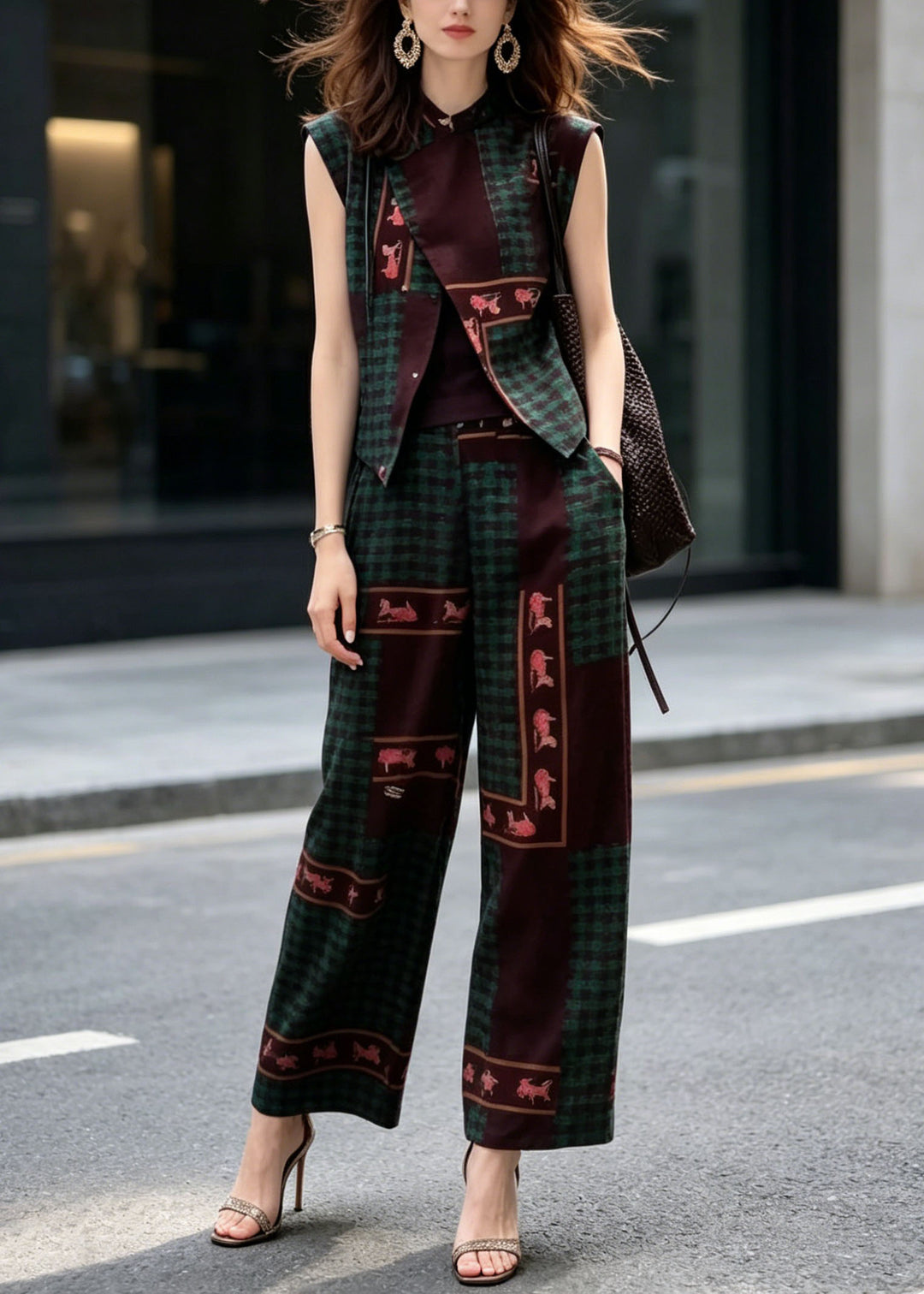 New Chinese Style Print Sleeveless Top And Wide Leg Pants Two Pieces Set