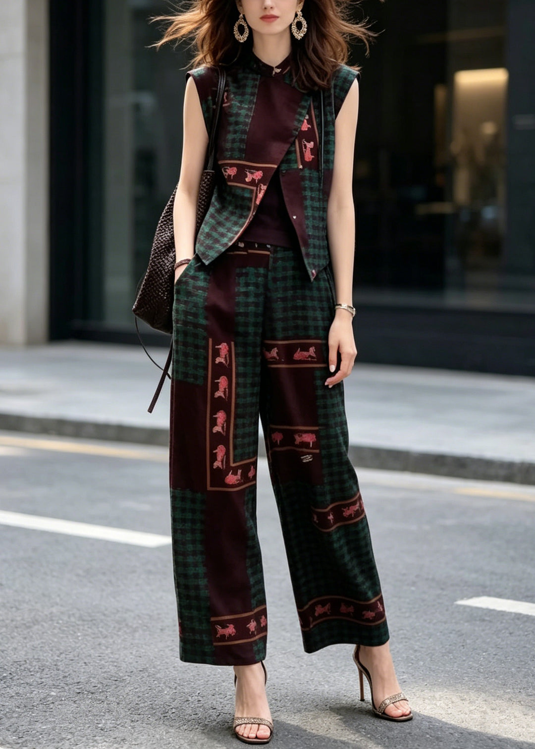 New Chinese Style Print Sleeveless Top And Wide Leg Pants Two Pieces Set