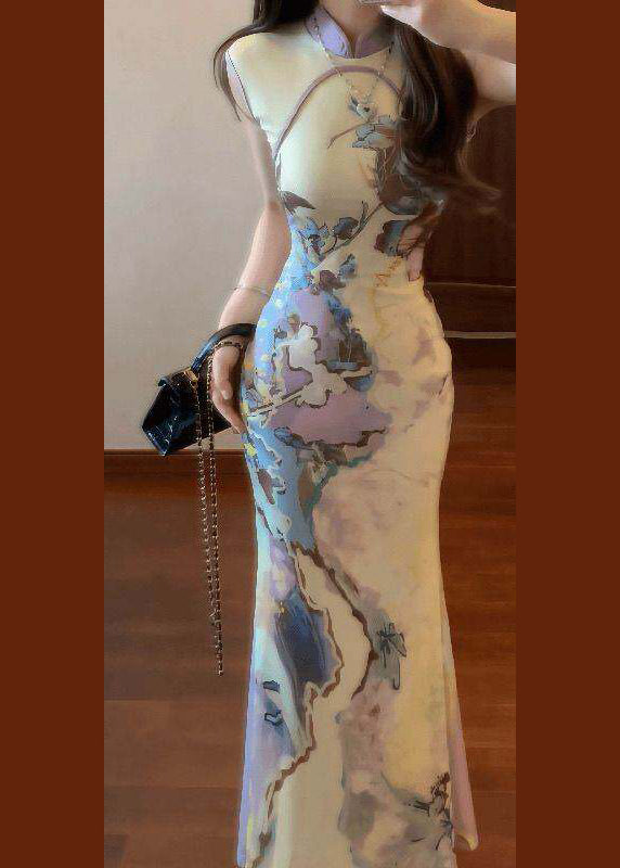 New Chinese Style Purple Print Tulle Qipao Dress Summer