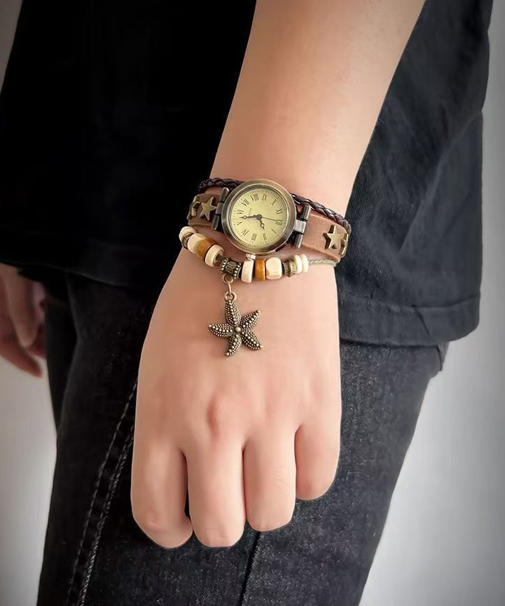 New Chinese Style Retro Starfish Pendant Faux Leather Watches - Omychic