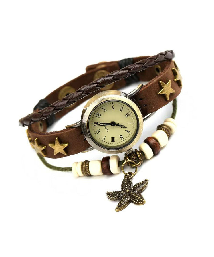 New Chinese Style Retro Starfish Pendant Faux Leather Watches - Omychic