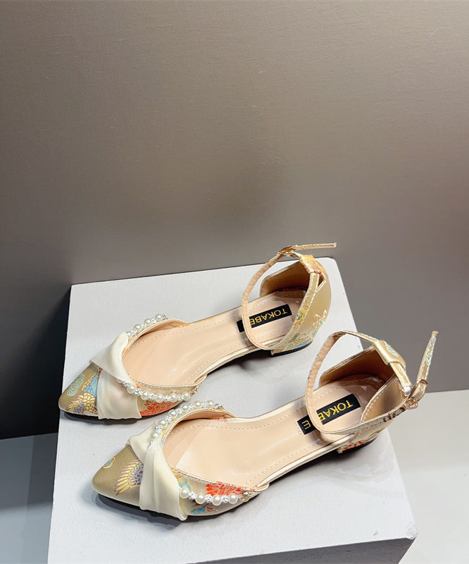 New Chinese Yellow Embroidered Pearl Chunky Heel Sandals Pointed Toe