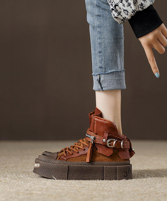 New Chocolate Cowhide Leather Splicing Boots Lace Up