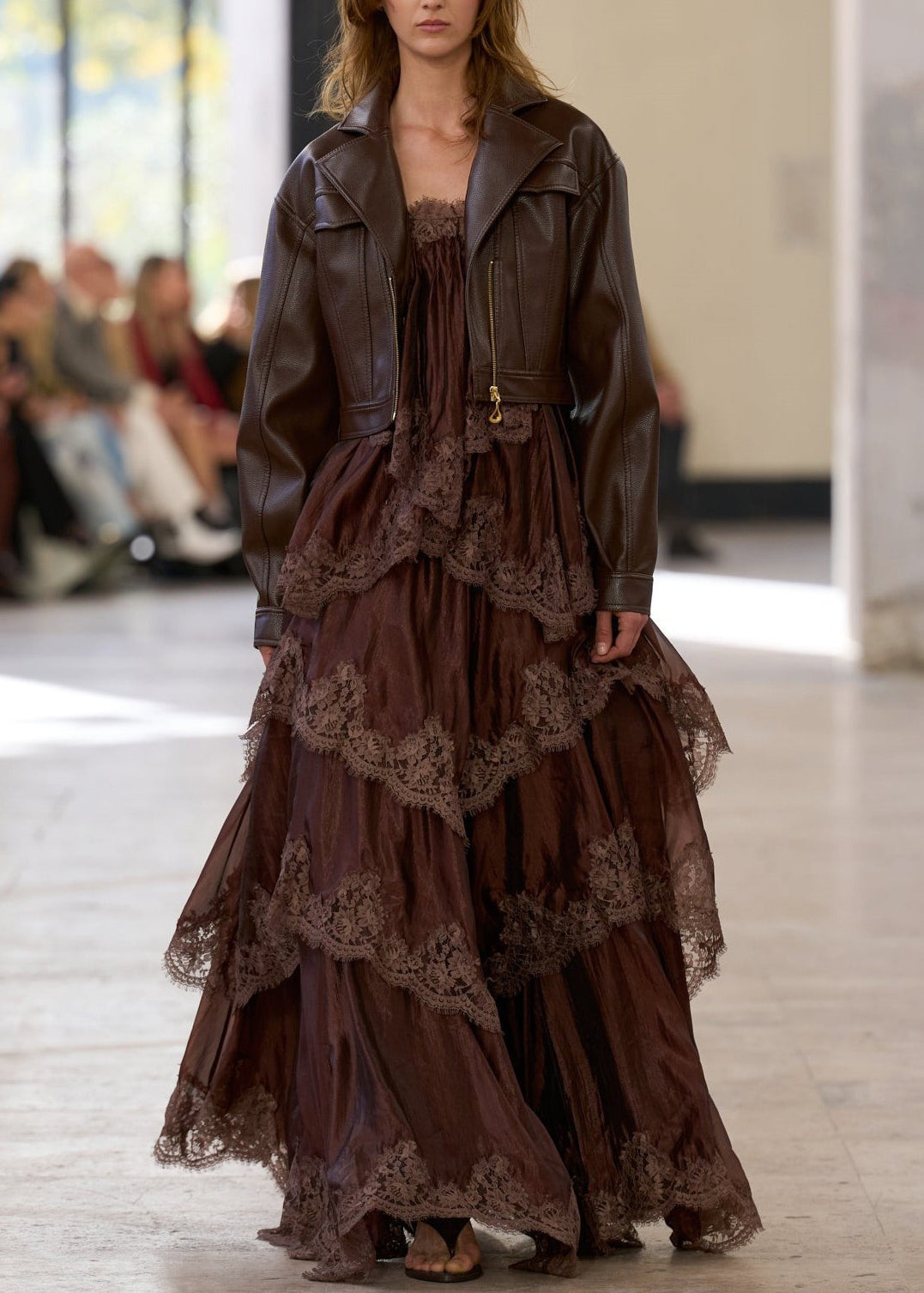 New Chocolate Sheer Ruffled Patchwork Lace Spaghetti Strap Dress Summer