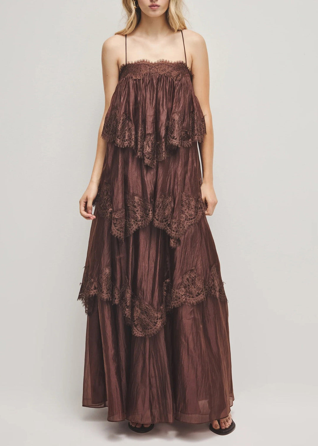 New Chocolate Sheer Ruffled Patchwork Lace Spaghetti Strap Dress Summer